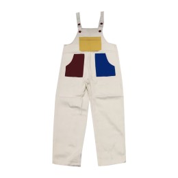 Customized blue and off-white children's overalls, designed with yellow at the top + red at the bottom + blue pockets, woven cotton fabric, The Salvation Army Shihu School, overalls design factory SU370 Customized blue and off-white children's overalls, designed with yellow at the top + red at the bottom + blue pockets, woven cotton fabric, The Salvation Army Shihu School, overalls design factory SU370